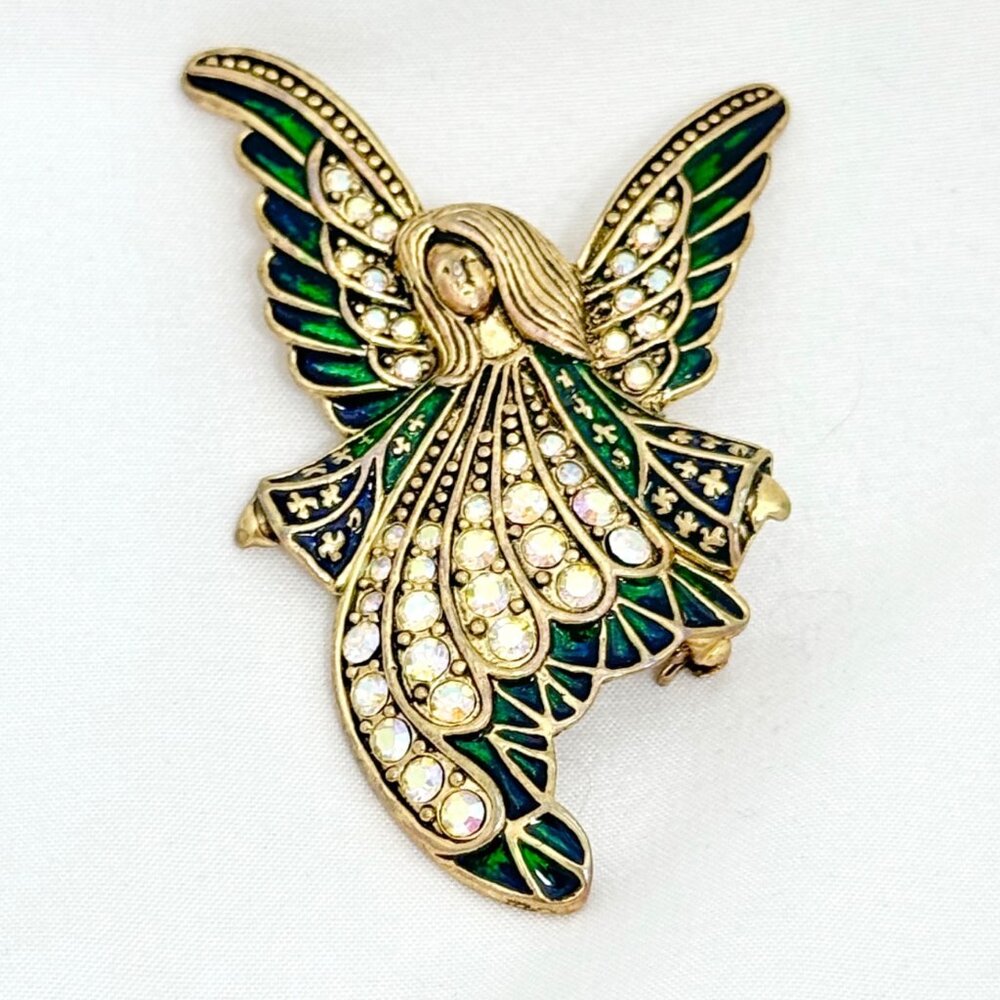 Vintage Green Enamel Gold Tone Angel Brooch/Pendant Combo w/AB Rhinestones